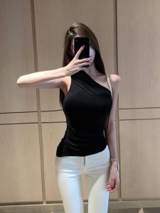 [Big Chest Shoulder T Du Home 2.0] Silm Pure Desire Black Oblique Shoulder Ruched T-shirt Tops Women