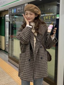 Thickened Plaid Cotton Suit Jacket Womens High-End Street Style Small Size Autumn Winter Coat Trendy Double-Breasted Button Closure