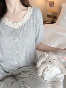 Korean Style Womens Summer Sweet Modal Cotton Sleepwear Set with Chest Pad Casual Short Sleeve Long Pants Home Clothes