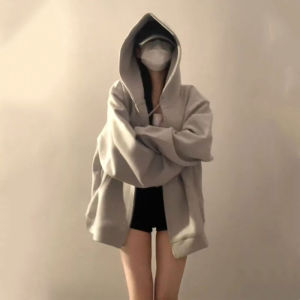 เสื้อแจ็คเก็ตคาร์ดิแกนแบบมีฮู้ดแบบมีซิปสำหรับผู้หญิงในฤดูใบไม้ผลิและฤดูใบไม้ร่วง เสื้อคลุมกันหนาวแบบบาง ทรงหลวม สไตล์ลำลอง