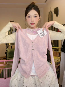 Sweet Sister Gentle Style Heart Button Knitted Sweater Coat Womens Vertical Stripe Color Block Fake Two-Piece Long Sleeve Slim Short