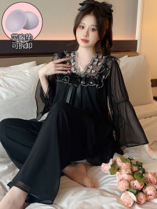 สไตล์เจ้าหญิง ชุดนอน ชุดพร้อมแผ่นรองหน้าอก ผู้หญิง แขนยาว Modal Ice ผ้าไหม ตาข่าย เสื้อผ้าหน้าแรก ฤดูใบไม้ผลิ ฤดูใบไม้ร่วง สินค้าใหม่