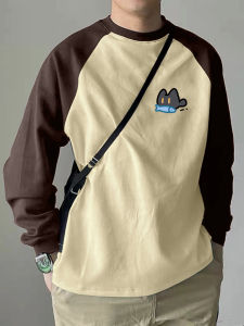 Pure Cotton Long Sleeve Slim Loose Casual Color Block Raglan Mens T Shirt