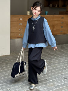 MPW | Fashionable Korean Style Three Piece Set For Girls Autumn Wear Childrens Clothing Shirt Vest Pants Suitable For Ages 3-14