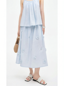 Cotton Handmade Flower Decorated Pleated Waist A Line Skirt