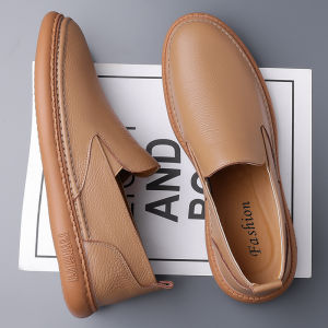 Genuine Leather Mens Summer Casual Shoes Soft Surface Bean Bean Shoes Comfortable Rubber Sole round Toe Slip-On Business Shoes