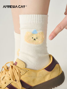 Adorable Bear Pattern Cotton Mid-Calf Socks for Women Cute Cartoon Japanese Style Training Shoes Summer Long Socks Moisture Wicking