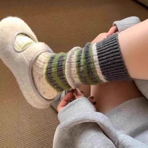 Gray Green Fur Trimmed Stripe Slippers Retro Style Womens Outdoor Slip-On Shoes Comfortable Soft Material Beautiful Design
