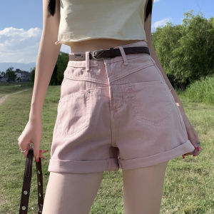 QIAOMIDUO | กางเกงขาสั้นผ้ายีนส์ทรงเข้ารูปเอวสูงสำหรับผู้หญิงในช่วงฤดูร้อน กางเกงขาสั้นทรงเข้ารูปทรงลูกแพร์สีแดง ดีไซน์เก๋ไก๋ ทรงเข้ารูป