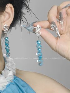 Blue Crystal Butterfly Flower Tassel Earrings S925 Long Style Beaded Dangle Earrings Womens Fashion Jewelry Ear Decor