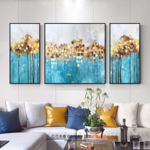 Gold Foil Color Oil Painting Hand-Painted Simple Modern Light Luxury Northern Europe American Living Room Decorative Painting Sofa Triple Wall Hanging