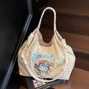 Large Capacity Canvas Ball Chain Tote Bag Womens Summer Nylon Embroidered Donut Shape Handbag Soft Open Structure Daily Use