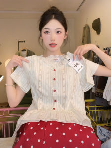 Sweet Style Short Sleeve T-Shirt Womens round Neck Lace Splice Sleeve Shortened Doll Shirt Korean Version Slim Fit Cotton Blend