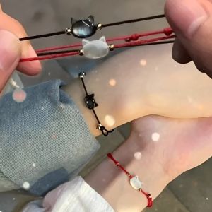 2Pcs Natural Moonstone Bracelet Cute Cat Obsidian Charms Black Red Handmade Rope Bracelets Couple Friends Gift