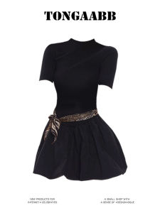 TONGAABB Spicy Short Sleeve Flower Bud Dress Womens Spring New Design Half High Collar Slimming Short Skirt Dress