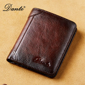 Dante Leather Mens Wallets RFID Anti-theft Brush Degaus Head Layer Cowhide Retro Casual Vertical Money Bag Money Two fold Clips