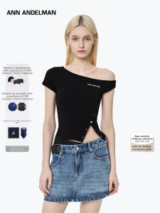 ANN ANDELMAN | Asymmetrical Button V-Neck Shoulder Off Slim Fit Casual Pure Color Short Sleeve T-Shirt