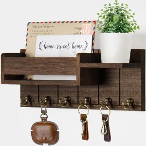 1pc Wood Key Holder Wall-mounted Envelope Storage Rack Living Room Entrance Mail Organizer 6 Key Hooks Household Mail Key Shelf