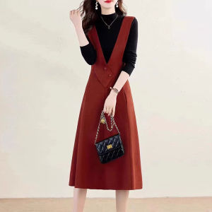 ชุดเดรสยาวปานกลางสีแดงคอวี ทรงเข้ารูป กระโปรงทรงเอ แฟชั่นฤดูใบไม้ร่วง/ฤดูหนาว เดรสผู้หญิง ชุดเดรสทำงาน กระโปรงสั้น