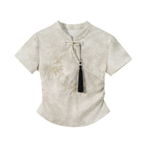 Embroidered Short Sleeve T-Shirt for Women New Chinese Style 2024 Summer Fashion Slim Fit Plant Florals Work Clothing