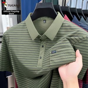 TUCANO | Short Sleeve Stripe Turn-down Collar Pocket Design Polo Shirt