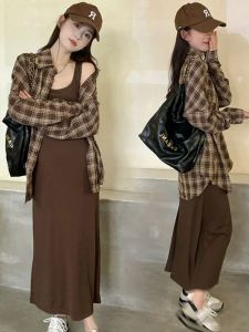 SHIMANQING | Plus Size Slimming Plaid Shirt Dress Long Skirt