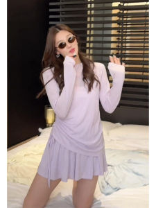 YUEZHONGWEI | Summer Outfit Korean Style Long Sleeve Round Neck Pure Color T-Shirt And Skirt Set Moisture Wicking Sun Protection Purple