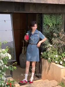 Váy Denim Nữ Tay Ngắn Màu Xanh Phong Cách Vintage Pháp Mùa Hè