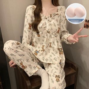 Sweet Cute Spring Autumn New Long Sleeve Thin Casual Print Two Piece Set Women Polyester Fiber V Neck Regular Length Commute Style