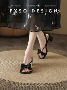 Black Leather mid High Heel Sandals Womens Outdoor Wear Summer New Style French Thick Heel Fashionable Sweet Style Youth Footwear