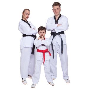 Taekwondo V-Neck White TKD Uniform Dobok With White Belt For Adult and Kids