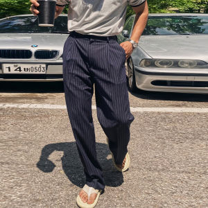 DAVID&ME | Deep Blue Loose Stripes Wide Leg Drape Fabric Mens Trousers