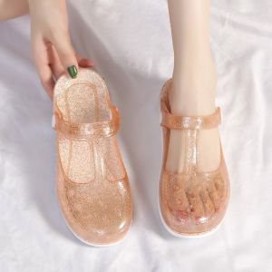 2024 Summer New Womens Clog Shoes Jelly Slippers Crystal Casual Trendy Nurse Sandals Flat Heel Pure Color Commute Style