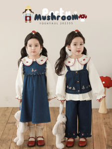 YOEHYAUL | Bộ Đầm Áo Gile Jean Và Áo Blouse Tay Chuông Phong Cách Bé Gái Tiếng Dân Gian