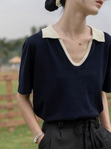 French Contrast Color V-Neck Short Sleeve Ice Silk Knitted Top Womens Summer High-End Elegant Shoulder Polo Neck Thin T-Shirt
