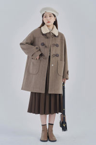 Elegant Comfortable Long Coat with Lamb Fur Imitation and Horn Buttons Red