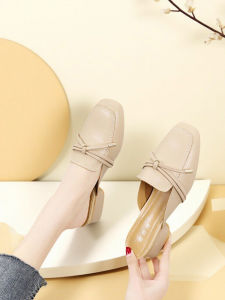 Trendy Retro Womens Indoor Outdoor Slippers Small Size Chunky Heel Slip-On Shoes Comfortable Breathable Synthetic Leather