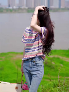 Womens Hollow out Ice Silk Knitted Short Sleeve round Neck T-Shirt Summer Thin Stripe Design Sensation Sweet Style Top