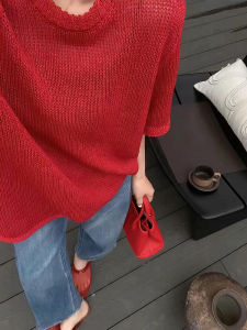 Áo thun PAIBOLI cho nữ màu đỏ kiểu cổ tròn tay dài dáng rộng thanh lịch phong cách Châu Âu