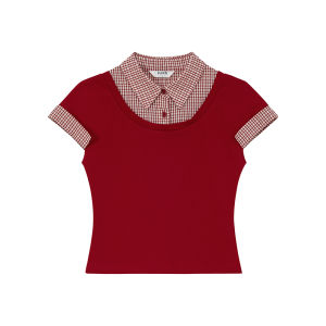 Faux Layered Plaid Slim Fit T-Shirt Short Sleeve