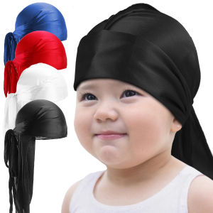 Long Tail Pre-Tied Elastic Headwrap Bandana Imitation Silk Durag Pirate Hat Baby Hood Hip Hop Cap Turban Hijab Children