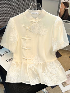 Clearance Leak-Picking ~ Summer National Style Irregular Buckle Short sleeve Shirts Women New Chinese Embroidery Puff sleeve Top Tide