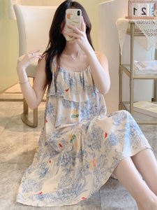 Váy Ngủ Ren Mỏng Bằng Vải Lụa Cotton Mùa Hè Cho Nữ Váy Đi Biển Quần Áo Mặc Nhà Váy Ngủ Ren Không Dây in Họa Tiết Hoa