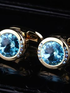 French Style Mens Cufflinks Crystal Sky Blue Business Cuff Links for Gentleman Gift Box Copper Texture