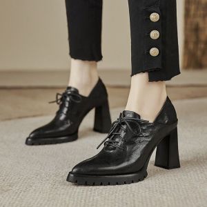 รองเท้าส้นสูงทรงหัวแหลมสไตล์ย้อนยุคสำหรับผู้หญิง ฤดูใบไม้ร่วง 2025 รองเท้าหนังขนาดเล็กแบบผูกเชือก รองเท้าส้นหนา รองเท้าแบบสวมสบาย