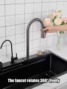 Kitchen sink SUS304 stainless steel waterfall sink 3.0MM thickness household sink with pull-out faucet