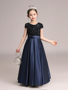 Piano Gown Girl Dark Blue Sequin Long Short Sleeve Princess Dress Kids Host Evening Dress Youth Performance Costume