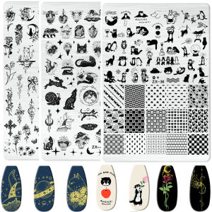 Cartoon Cat Nail Art Stamping Plates Butterfly Ramadan Moon French Smile Image Stencils for Nails Stamp Tools Manicure Template