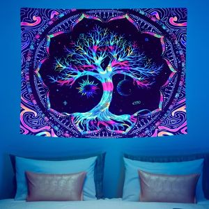VIKAMA Blacklight Tree Of Life Tapestry UV Reactive Neon Mandala Sun Moon Psychedelic Treo Tường Để Trang Trí Phòng Ký Túc Xá