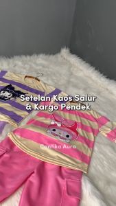 Set Kaos Salur Dan Celana Pendek Kargo Anak Perempuan Motif Terbaru Usia 1-6 tahun Karakter Kuromi Cinnamoroll